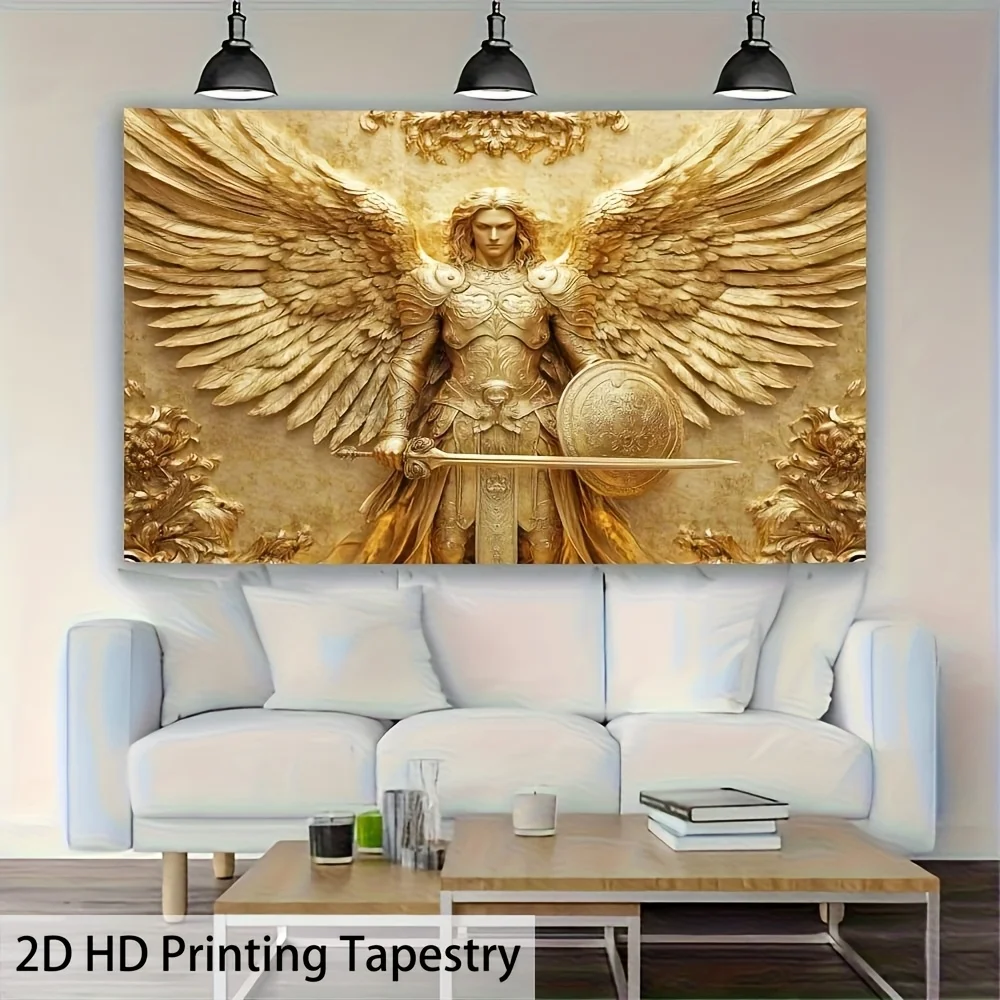 VIKAMA Glam Style Archangel Michael Tapestry, Golden Angel Design Wall Hanging for Living Room Bedroom Wall Decor, Home Decor