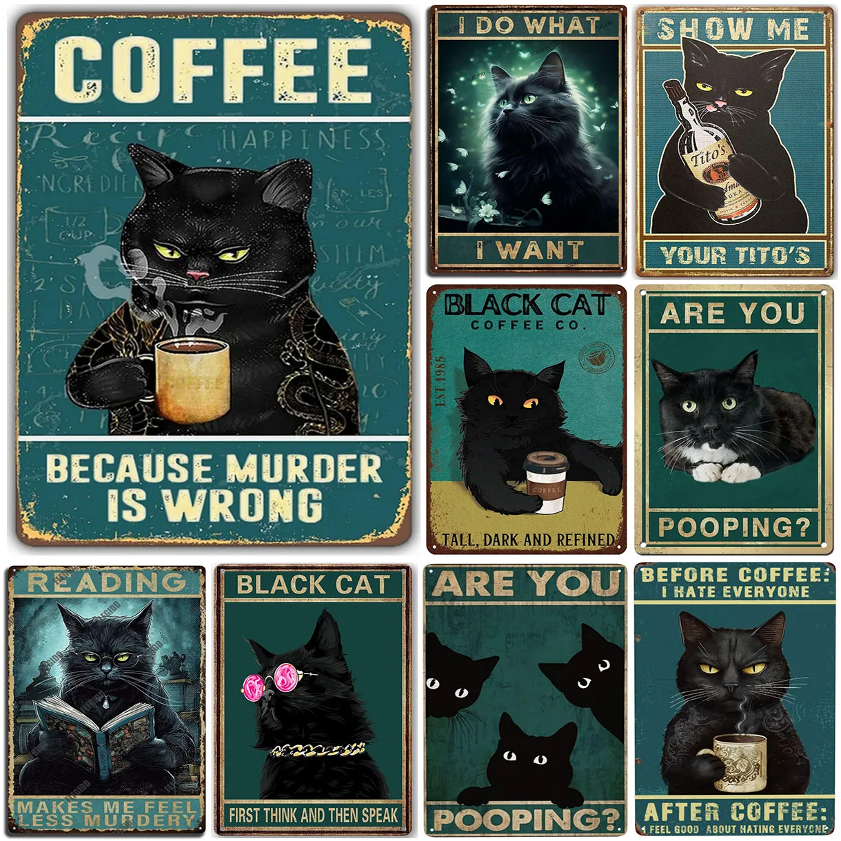 Funny Coffee Bar Tin Sign Vintage Cat Wall Art Decor Retro Coffee Metal Signs Black Cat Cafe Home Bars Wall Decoration Poster