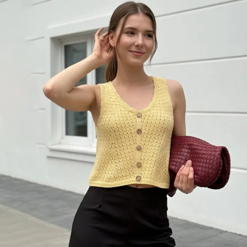 

26 New Summer Knitted Vest Women's Sexy Sleeveless Hollow Solid Color Fashion Daily Commute Street Style Women's Knitted Sweater