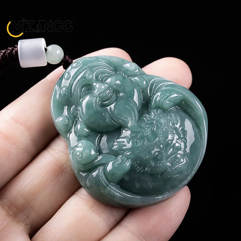 Natural A-goods Jadeite Blue Water God of Fortune Pendant To Attract Wealth Jade Necklaces for Men and Women Fashion Luxury Gift