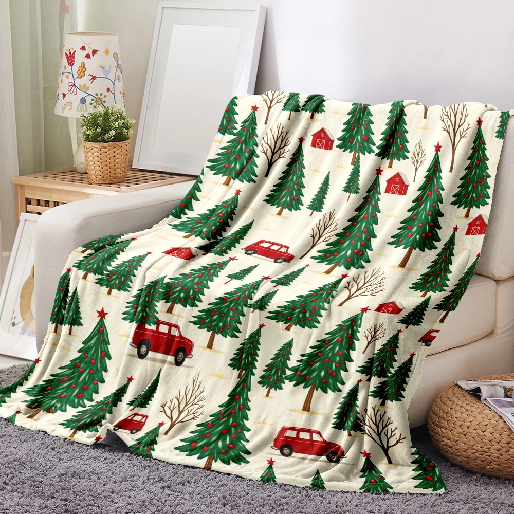 1PC Christmas Tree and Red Car Print Blanket-made of soft and comfortable fabric, perfect for a sofa or bed. Ideal for holiday h