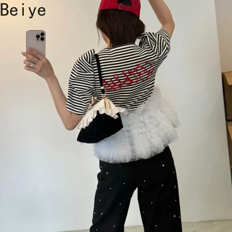 Y2K Women Striped Puff Short Sleeve T‑Shirt Japanese Style Ruffle Tulle Tutu Kawaii Crop Top Female Slimming Streetwear Tees