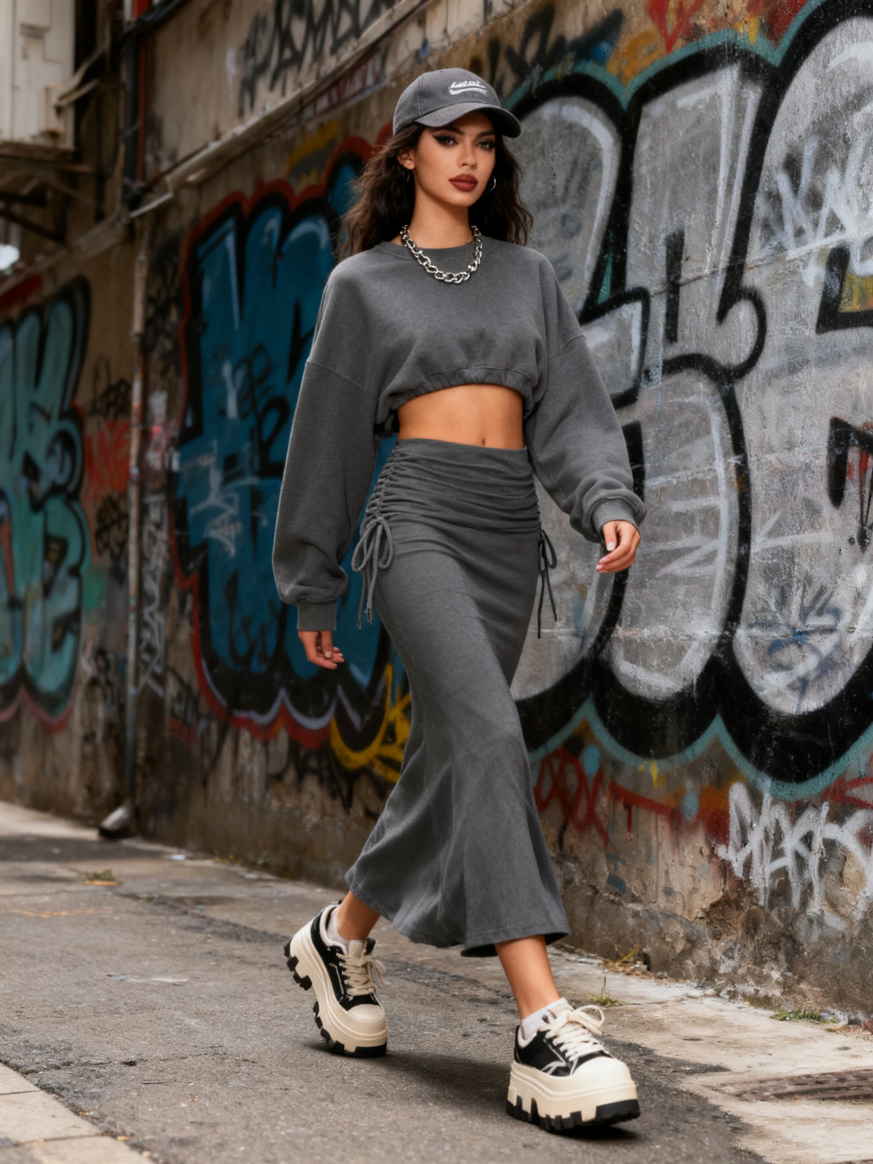 2025 Streetwear Women's Ruched Mermaid Maxi Skirt - High Waist Drawstring Casual Fashion Long Skirt for Autumn Spring