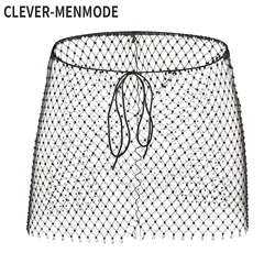 CLEVER-MENMODE Fishnet Sexy Boxers Panties Men Transparent Mesh Shorts Rhinestone Culottes See-Through Lingerie Underpants Loose