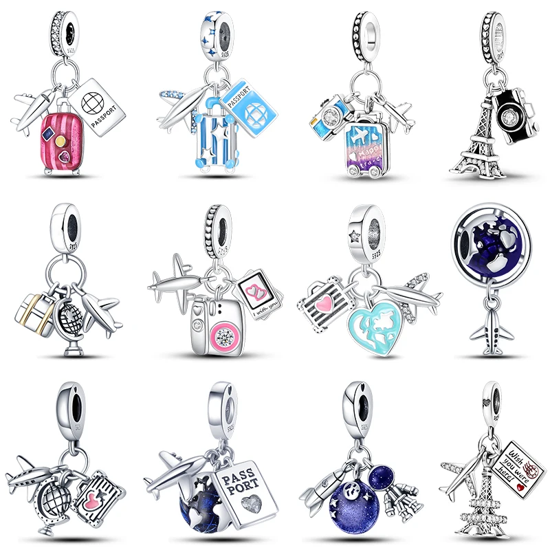 

100% 925 Sterling Silver Airplane Passport Suitcase Travel Charms Beads Fit Pandora 925 Original Bracelets DIY Birthday Jewelry