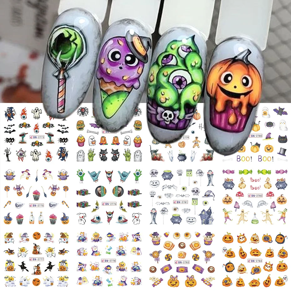 12pcs Cute Halloween Water Nail Stickers Pumpkin Skull Candy Bat Spooky Evil Eyes Cartoon Slider Design DIY Winter Manicure Tips