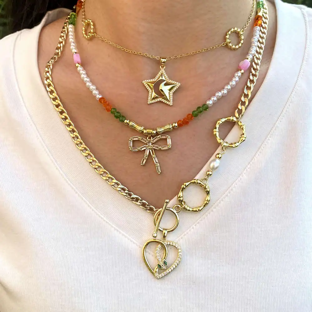 

Многослойная звезда, луна, лук, лук, многослойная цепочка в стиле панк с сердечком, звезды, навесной замок, кулон в виде любви, кубинская цепочка-колье, ожерелье