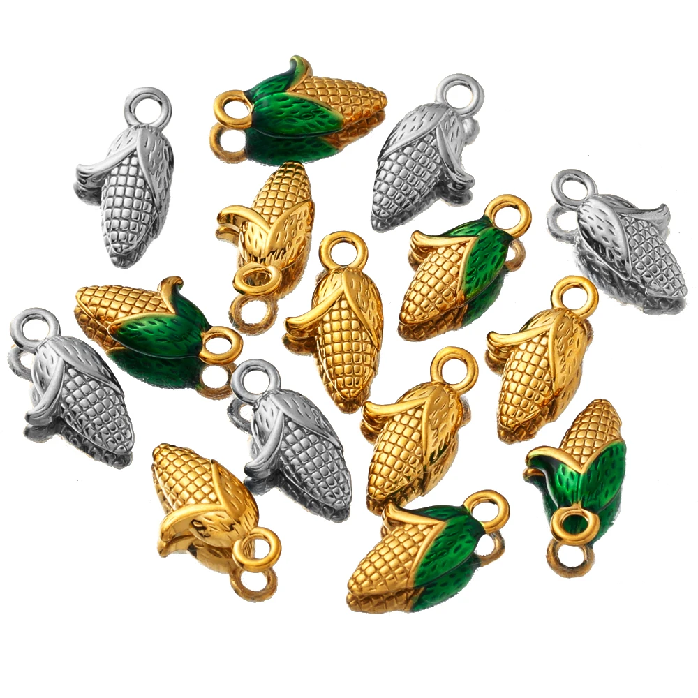 5 uds. De bonitos dijes de maíz 3D de acero inoxidable, colgantes chapados en oro PVD para Diy, collar, pulsera, pendientes, suministros de joyería