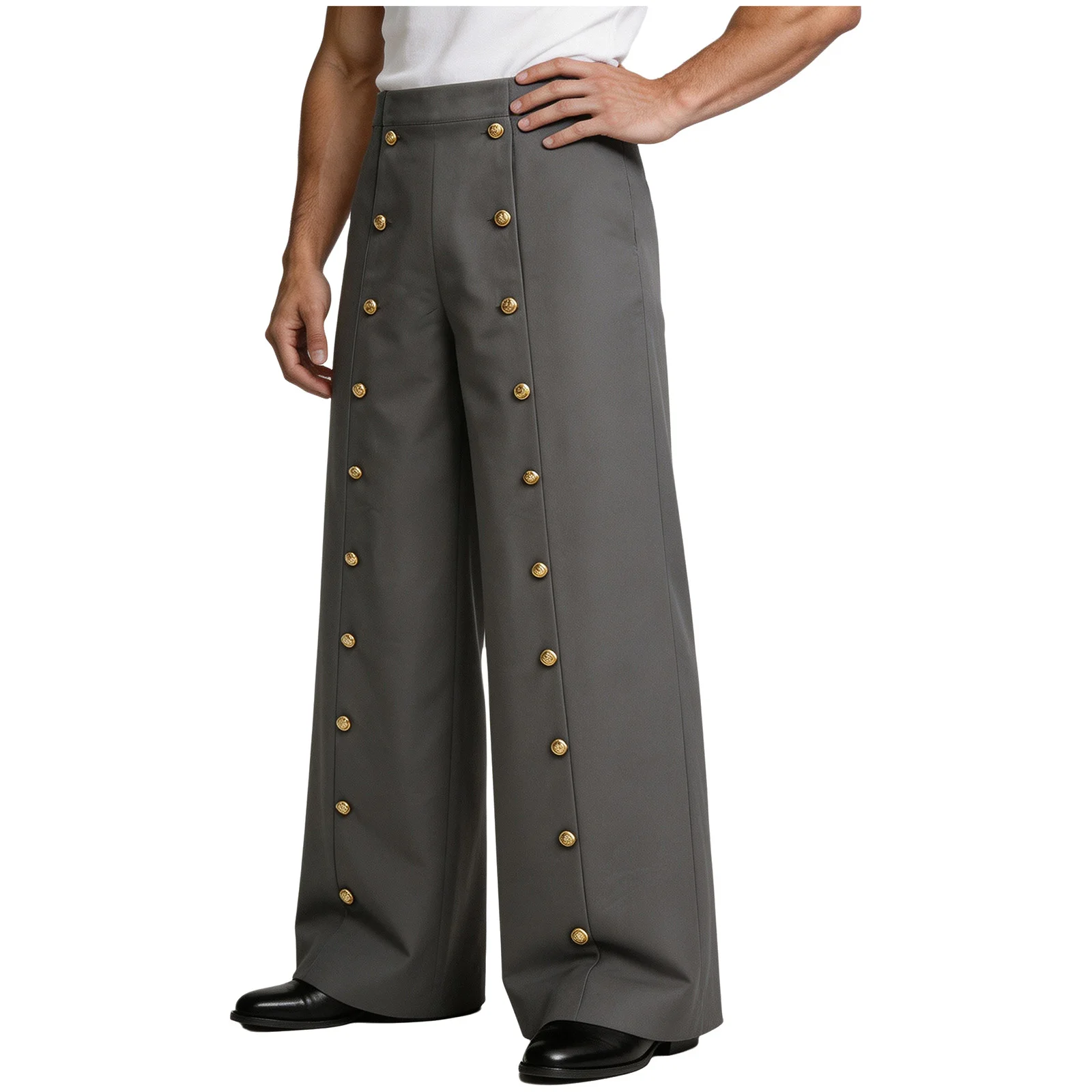 Men Medieval Renaissance Retro Cargo Pants High Waist Buttons Baggy Wide-leg Trousers for Halloween Carnival Party Daily Wear