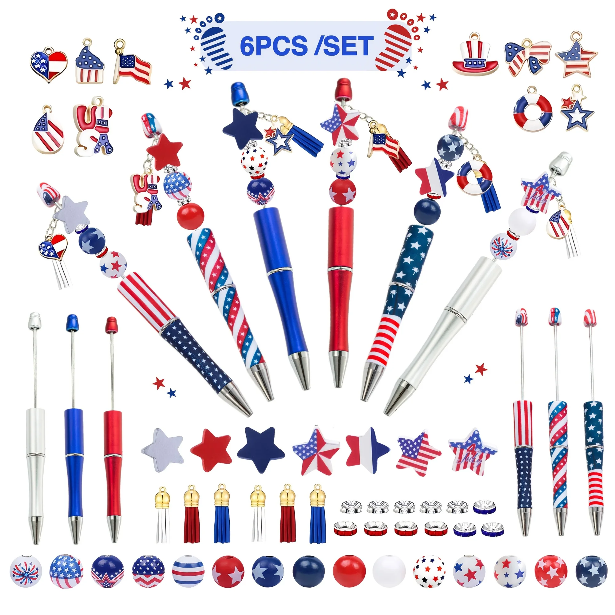 

6PCS Flag Star American Independence Day Theme DIY Bead Ballpoint Pen &Wooden Bead Tassel Pendant Set, Office &School Supply
