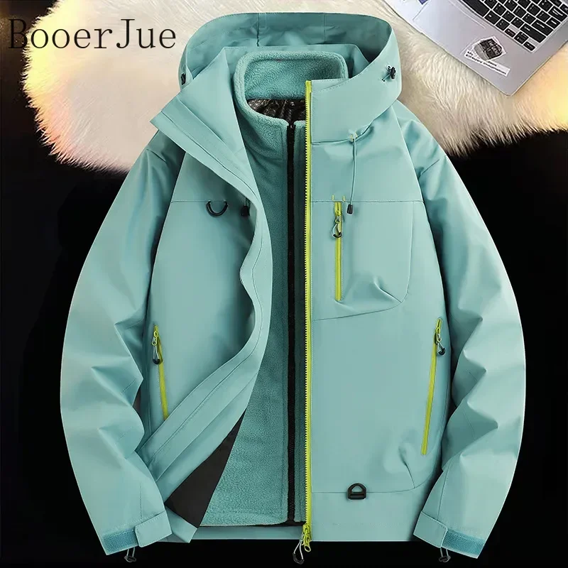 Couple's Outdoor Windproof Waterproof Three-in-One Jacket Men Women Hiking Trekking Fleece Lined Jumper Zipper Closure Hooded
