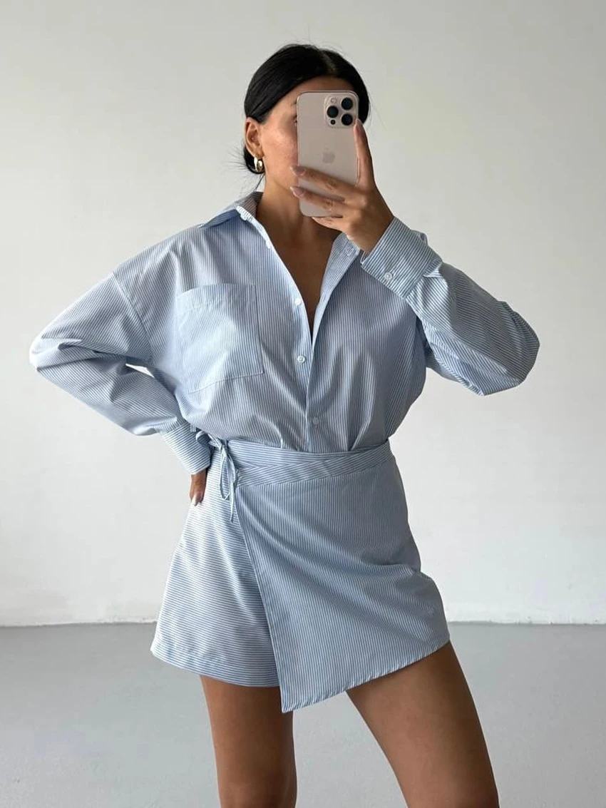 

Marthaqiqi Casual Women Pajama 2 Piece Suit Turn-Down Collar Sleepwear Long Sleeve Nightgown Shorts Striped Ladies Nightwear Set