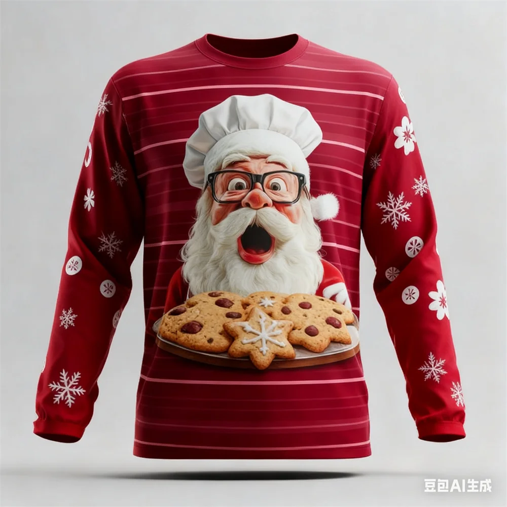 عيد الميلاد الرجال تي شيرت بأكمام طويلة متعة سانتا كلوز نمط طباعة الخريف القطن تي شيرت للرجل السنة الجديدة تي شيرت ملابس رجالي