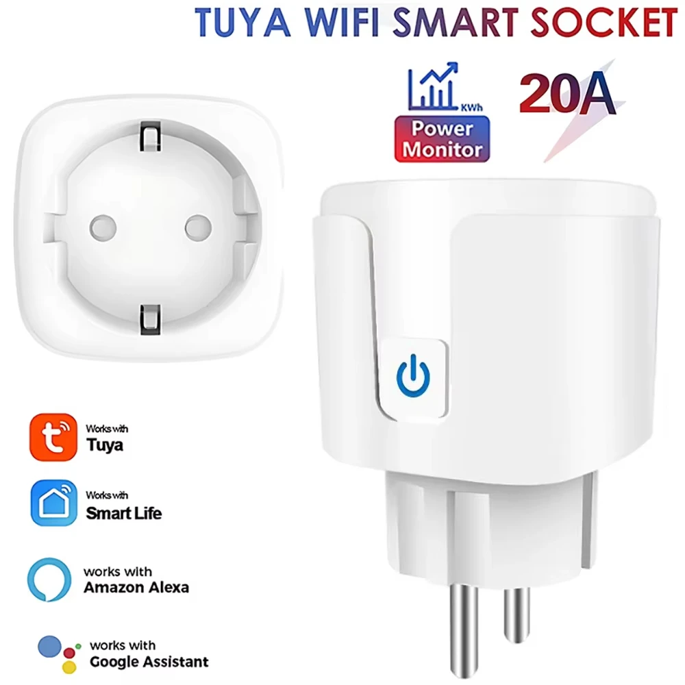 Inteligentne gniazdko Tuya EU Plug WIFI 16/20A z monitorowaniem zużycia energii, funkcją timera, sterowaniem głosowym, kompatybilne z Alexa, Google Home i Alice.