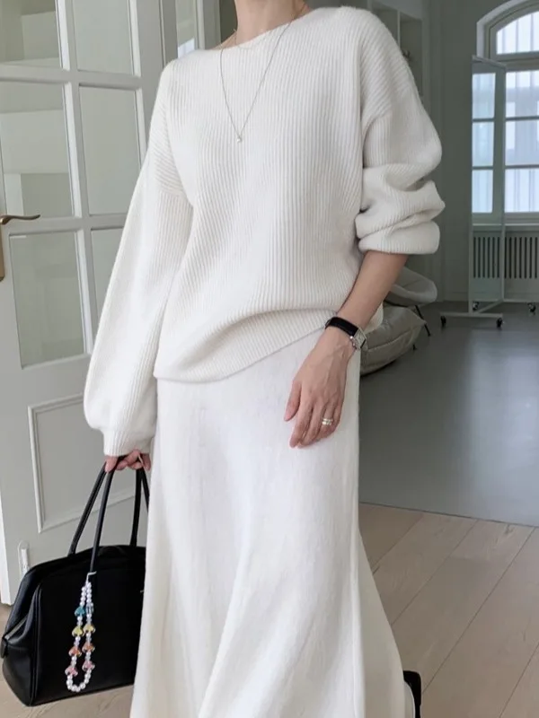 Elegant Autumn Knitted Sweater And High Waist Long Skirt Set Lazy Style Two-Piece Women's Fashion Loose Fit Color