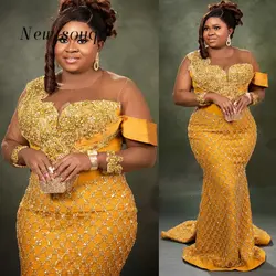 Plus Size Gold Mermaid Evening Dresses African Sheer Long Sleeves Beaded Sequins Formal Party Second Reception Birthday Gowns