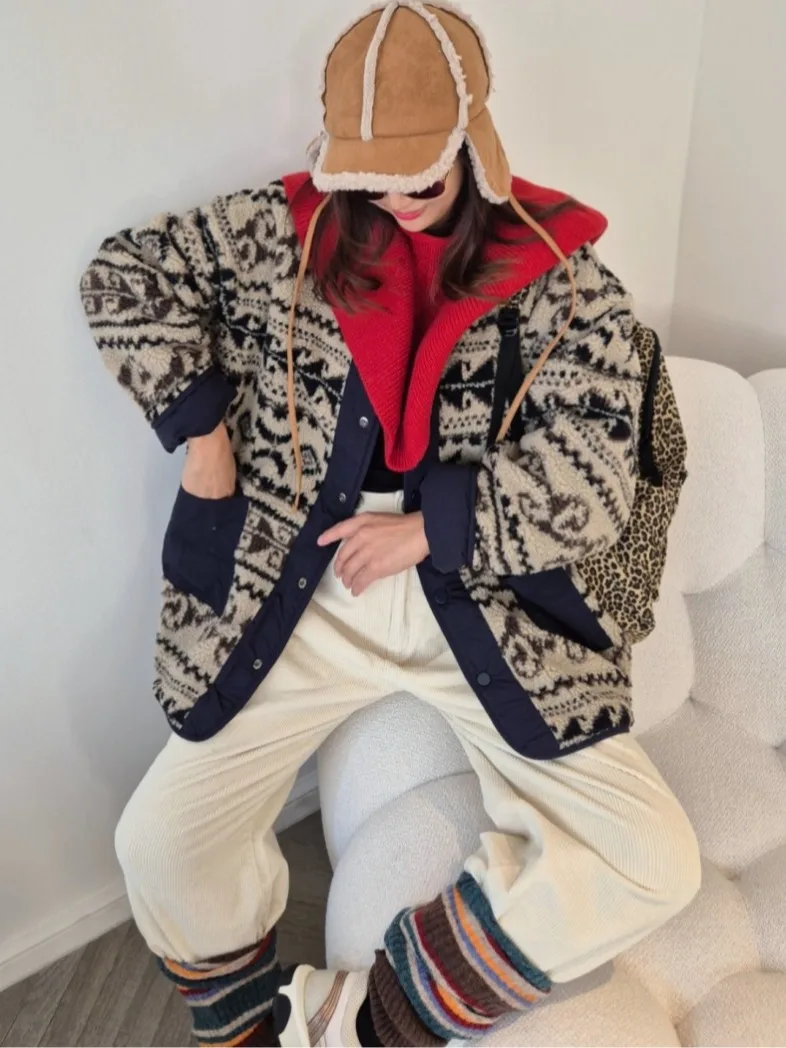 على الوجهين يمكن ارتداؤها فرو الضأن Jaet المرأة فضفاضة تناسب معرض جزيرة منقوشة ملابس خارجية ربيع الخريف الشتاء عادية Sle #1