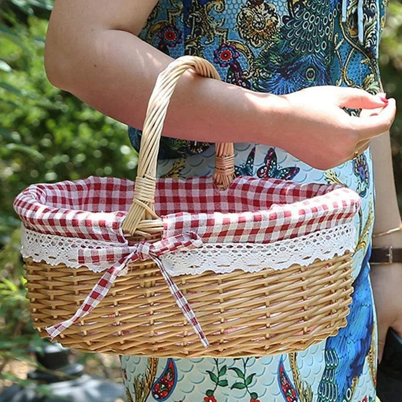 Cesta De Piquenique Tecido Salgueiro Oval Com Alça, Cestas De Presente De Vime, Cesta De Casamento Pequena, Vazia, 5X