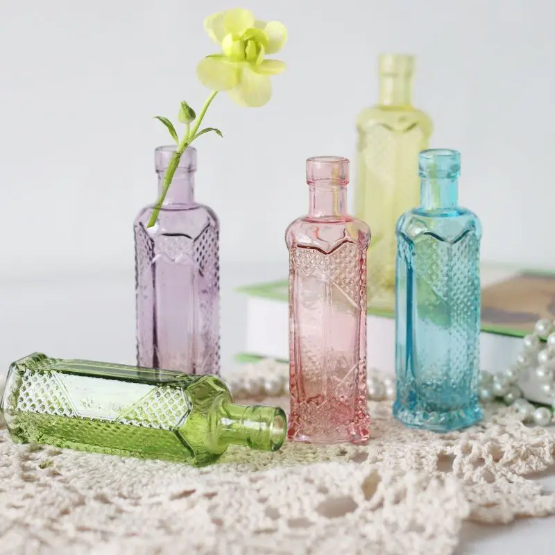 Vintage Relief French Glass Desktop Mini Vase Colored Ins Advanced Sense Photo Props Home Decoration Room Decoration Accessories