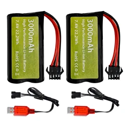 2PCS 7.4V 3000mAh 15C 2S SM-4P Plug Li-ion Battery With USB Charging Cable For EC08 DE85 RC Car, Truck Ship Drone Backup Battery