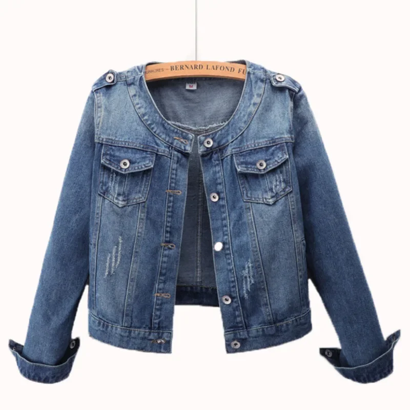 2024 New Autumn Women Denim Jacket Long Sleeve Casual Jeans Jacket Bomber Vintage Round Neck Short Jacket Outerwear Female