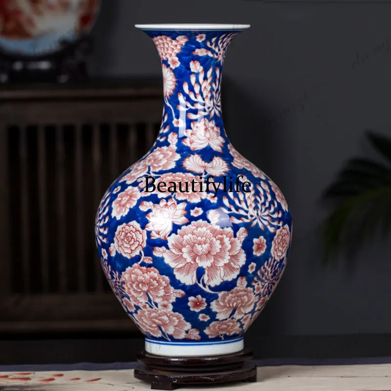 Jingdezhen ceramic blue and white porcelain underglaze red vase Chinese living room ornament porcelain hand-painted flower ware