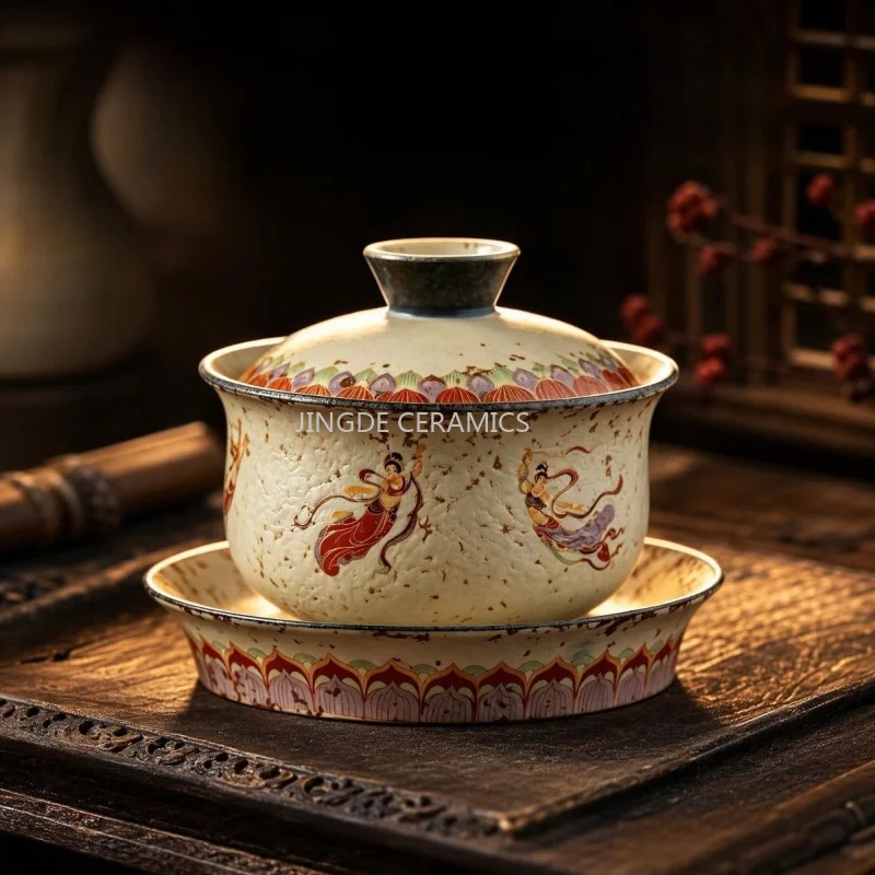 Ceramic Covered Bowl, Chinese Tri Color Covered Bowl, Chinese Style Kung Fu Covered Bowl, Tea Ceremony Accessories, 230ml