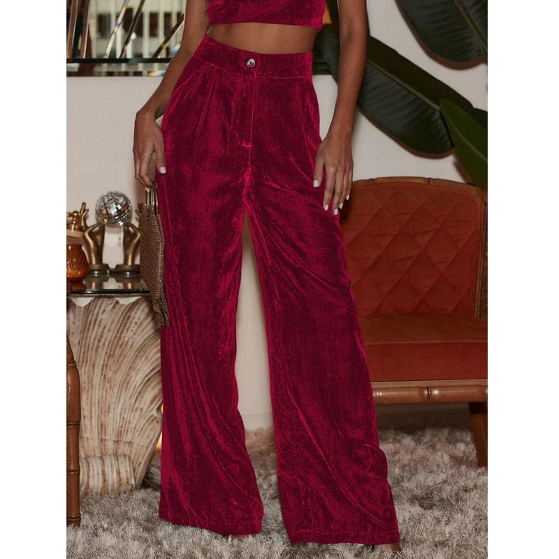 

Fashion Velvet Elegant Solid Wide-leg Pants for Women French Style Warm Thickened Trousers Ladies High-waist New Pants 30150