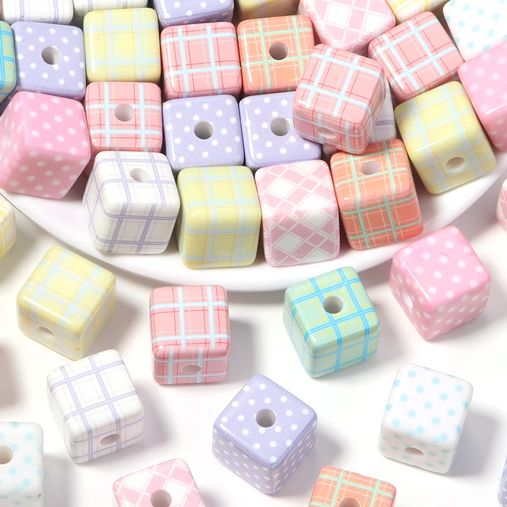 5Pcs/Lot 14mm Acrylic Square Beads Colorful Checkerboard Straight Hole Spacer Beads For Bracelet Necklace DIY Jewelry Making