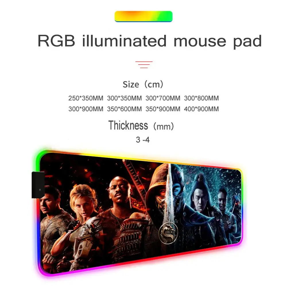 แผ่นรองเมาส์ Mortal Kombat สำหรับนักเล่นเกมเม้าส์ lampu belakang RGB แผ่นรองปูโต๊ะ LED อุปกรณ์เสริมสำหรับเล่นเกมแผ่นรองเมาส์แบล็คไลท์ขนาดใหญ่