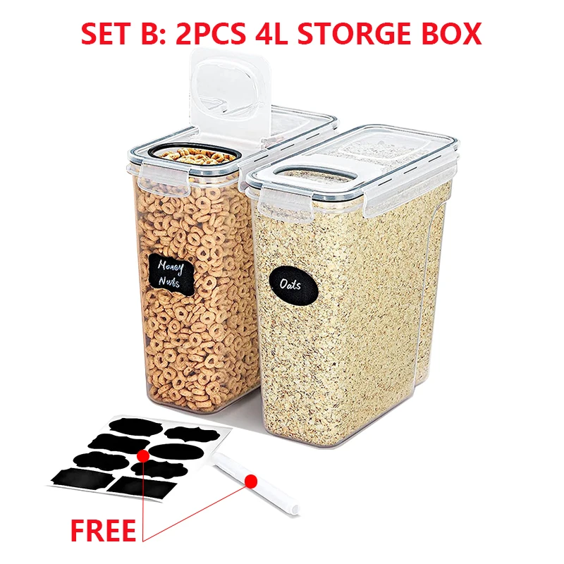 4L Granen Opslagcontainers met Deksels 1/2/4 stuks Luchtdicht Voedsel Vochtwerende Tank met Label Stickers Keuken Organisatie doos