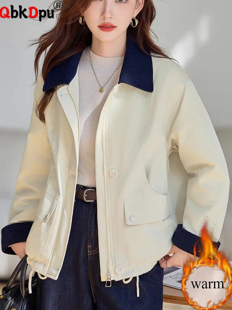 

Korean Fashion Loose Outerwears Women Casual Lapel Neck Zipper Design Jackets Tops Winter Warm Thicken Velvet Lined Chaquetas