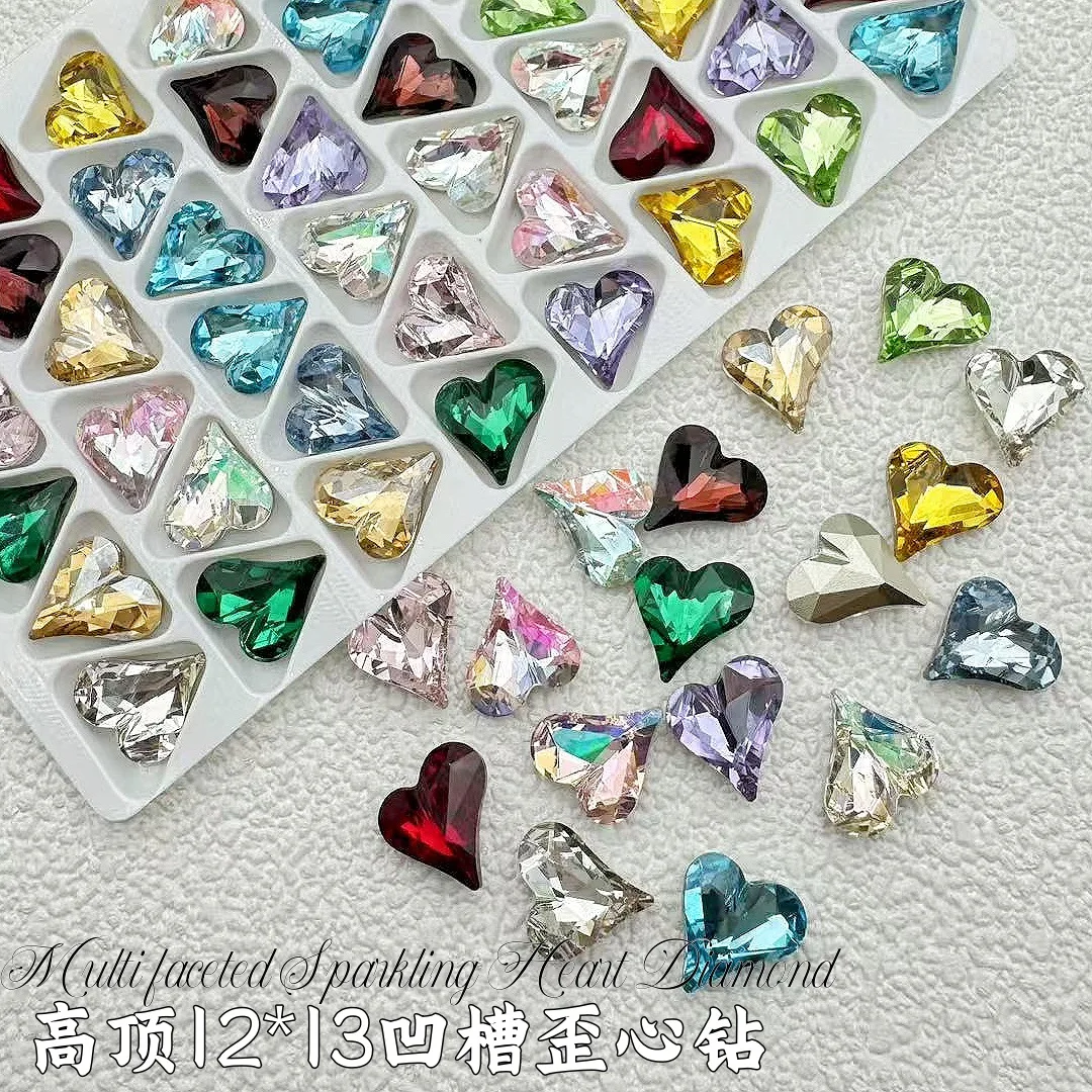 20Pcs 12x13mm Notched Heart Nail Gems - Multi-Faceted Crystal Rhinestones, Icy Sparkle Nail Art Decor for Luxe Manicures