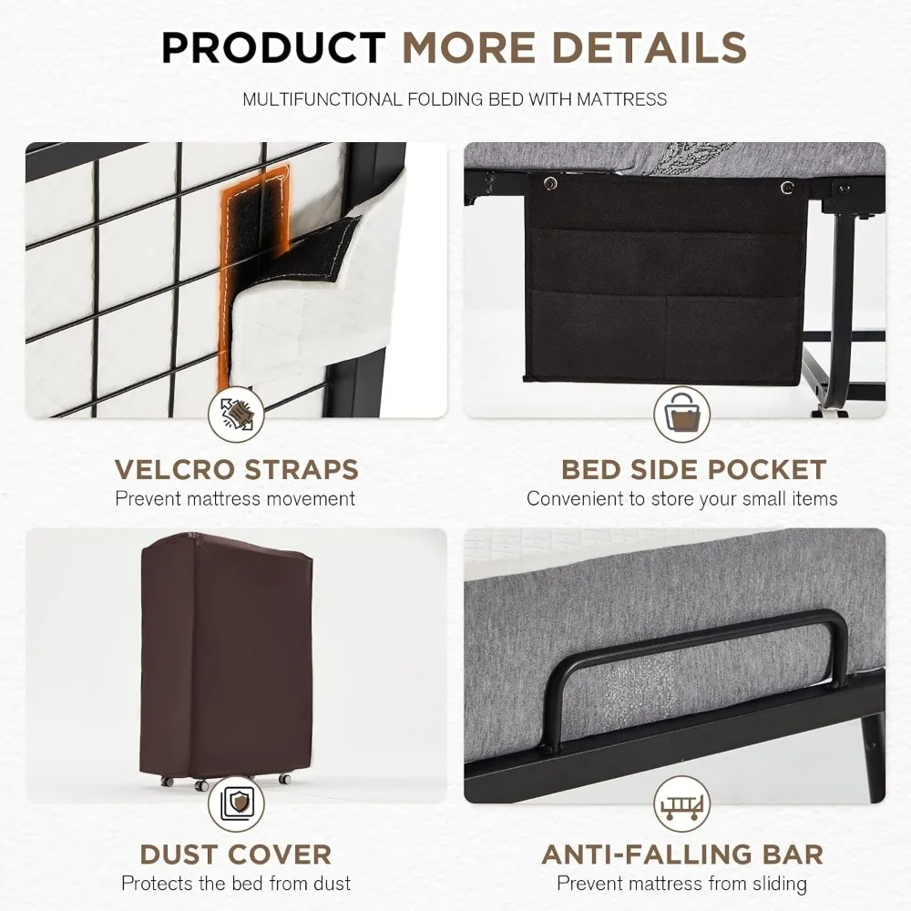 سرير قابل للطي مقاس 75 × 38 مع مرتبة، سرير ضيوف محمول بحجم مزدوج للبالغين مع مرتبة إسفنجية مقاس 5 بوصات، موفر للمساحة