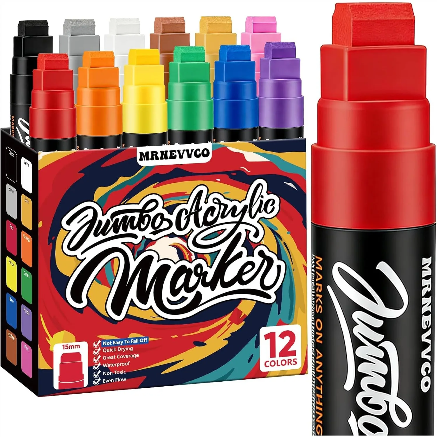 

12 Colors Jumbo Acrylic Paint Markers, 15mm Thick Wide Tip Permanent Markers for Poster Board, Canvas, Wood, Fabric, Metal, Artists and Teachers