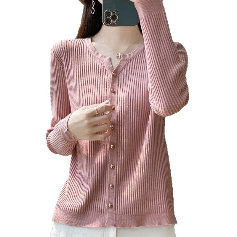 Women Elegant V Neck Knit Cardigan Autumn Winter Slim Shimmer Yarn Solid Color Chic Knit Top