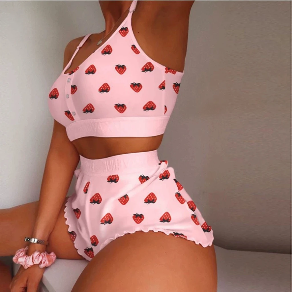 Women Summer Strappy Cutout Underwire Retro High Waist StrawberryPrinted Camisole Pajamas Tight Fitting Thin Home Shorts Top Set