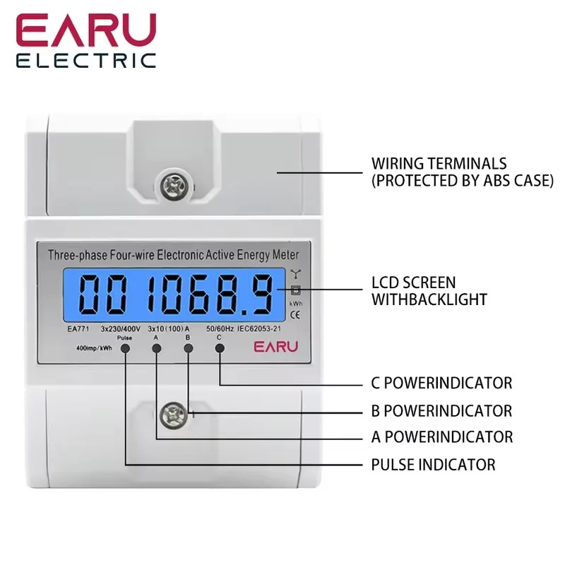 Three Phase Four Wires Eelectronic Active Energy Meter kWh Power Consumption Monitor DIN Rail 50/60Hz 3*5(100)A 50/60Hz LCD LED