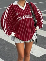 Women's Casual Striped Letter & Number Print Athletic Polo Collar Long Sleeve T-Shirt Drape Oversize Tops Streetweat Spring/Fall - Image 6