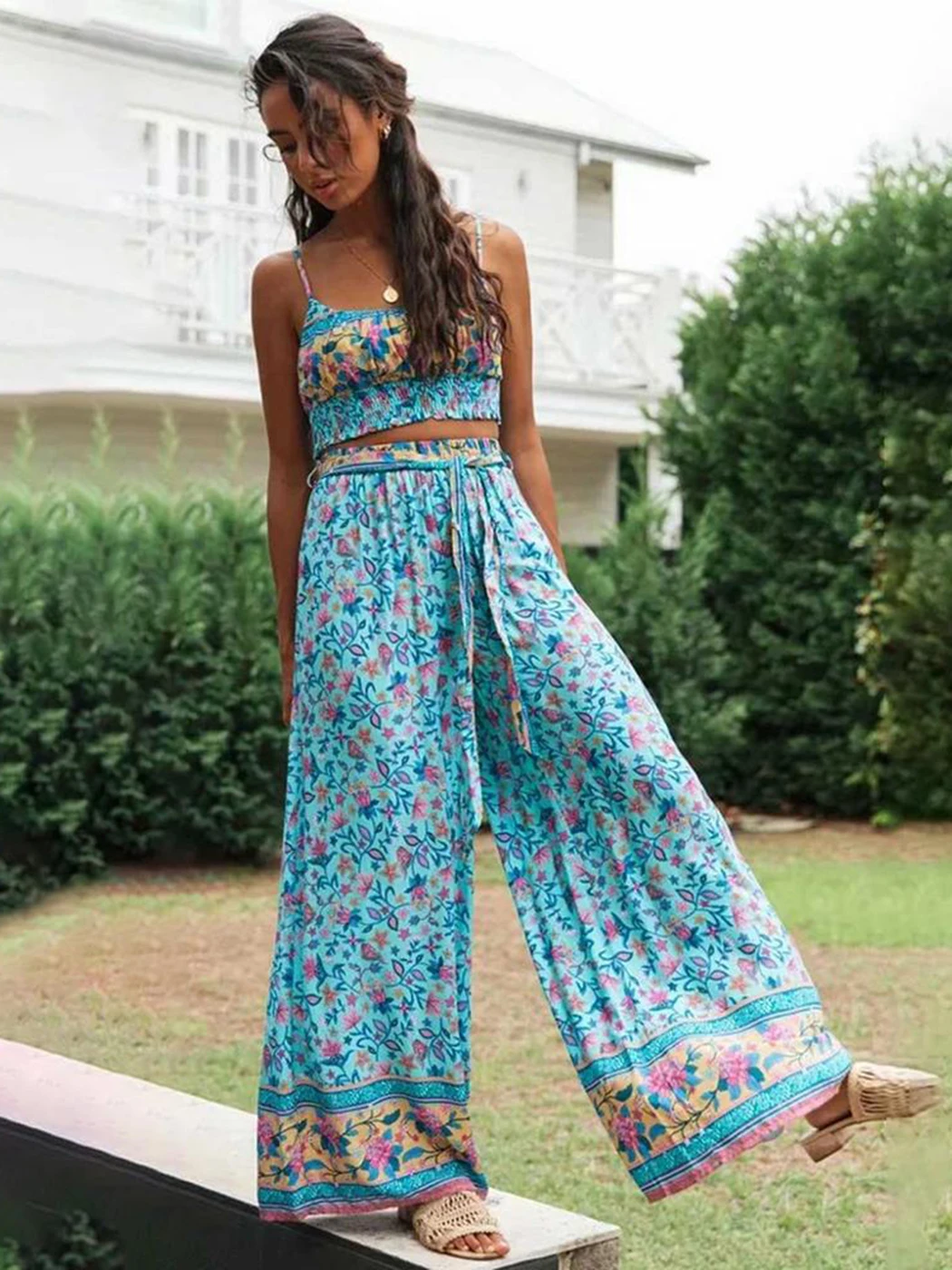 Jastie Boho Vintage Pattern Print Women 2 Piece Set Spring 2022 Midriff Baring Wide Leg Pant Retro Chic Beach Vacation Women Set