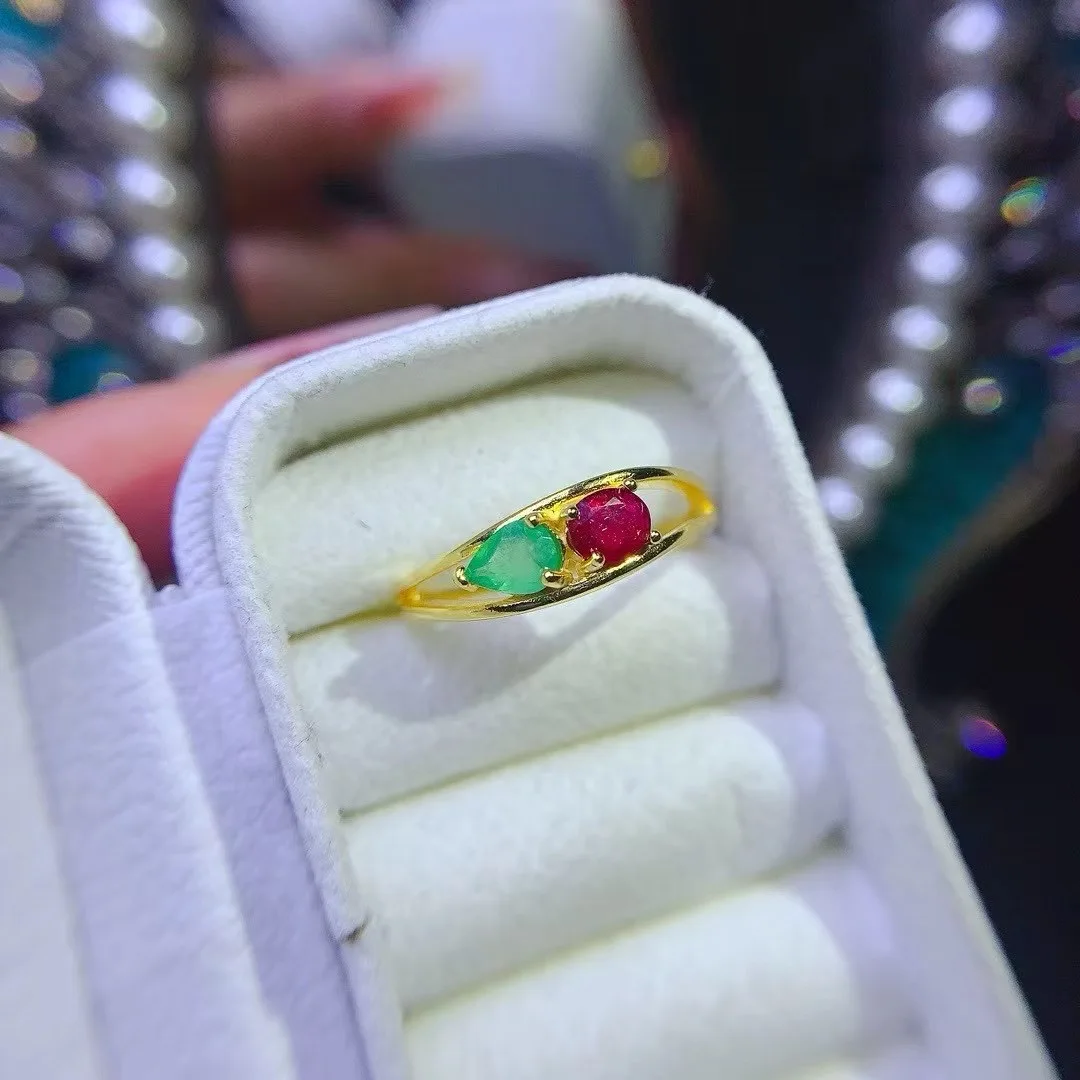 KJJEAXCMY High End Women's Ring Natural Ruby And Emerald S925 Silver with Electroplating Boasting High Clarity Full Brilliance