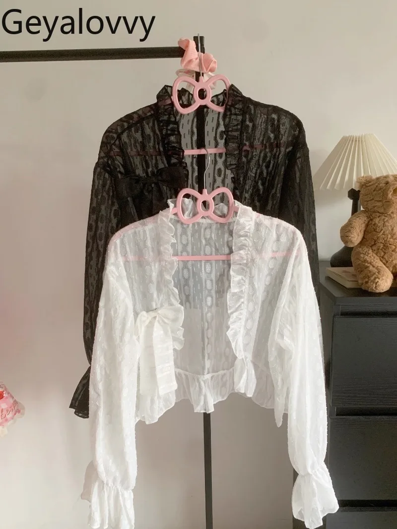 

Lolita Long-sleeved Lace Cardigan Sunscreen Shirt Spring Summer New Sweet Girls Versatile Solid Color Short Bow Shawl Tops