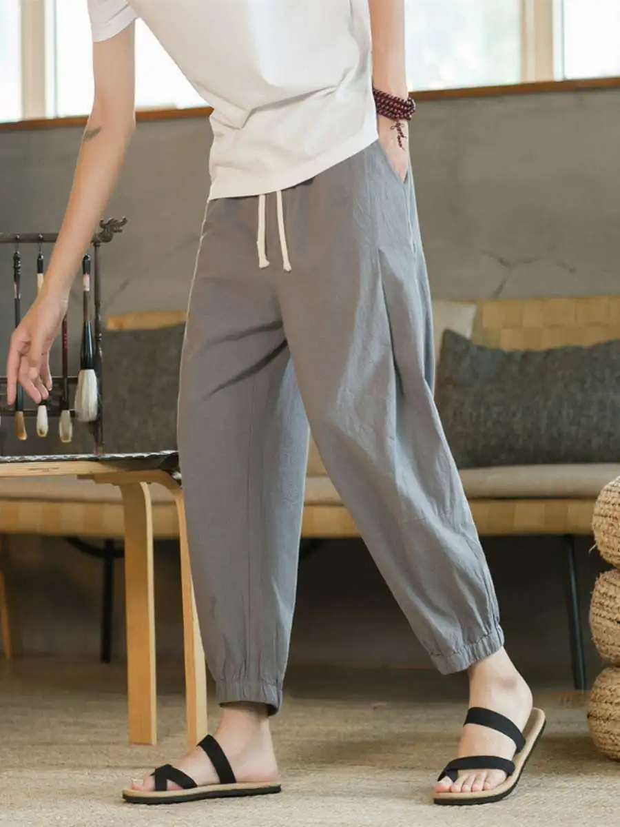 

Летние тонкие хлопковые льняные брюки-кюлоты для мужчин, свободного кроя, укороченные (7/8), с высокой талией, повседневные