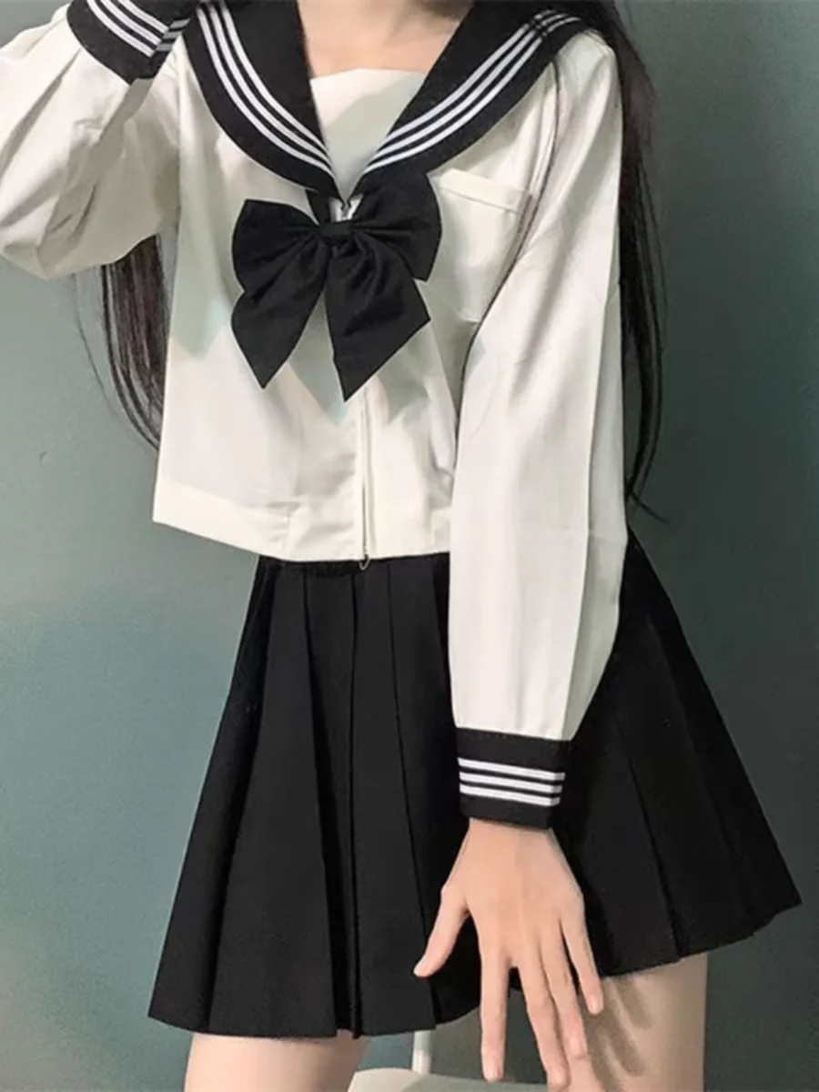 Uniforme SвJK avec Col Noir et Lignes Blanches pour Femme, Costumes de Marin, Jupe Plissée, Vêtements de Style Japonais, Anime COS