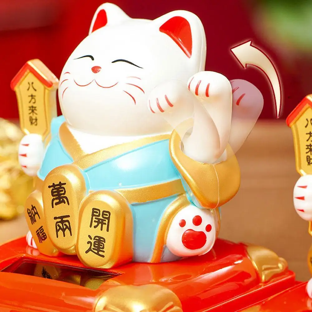 Solar Powered Lucky Cat Figurine Automatic Waving Cat Beckoning Fortune Cat Lucky Cat For Office Car Center Console Ornament
