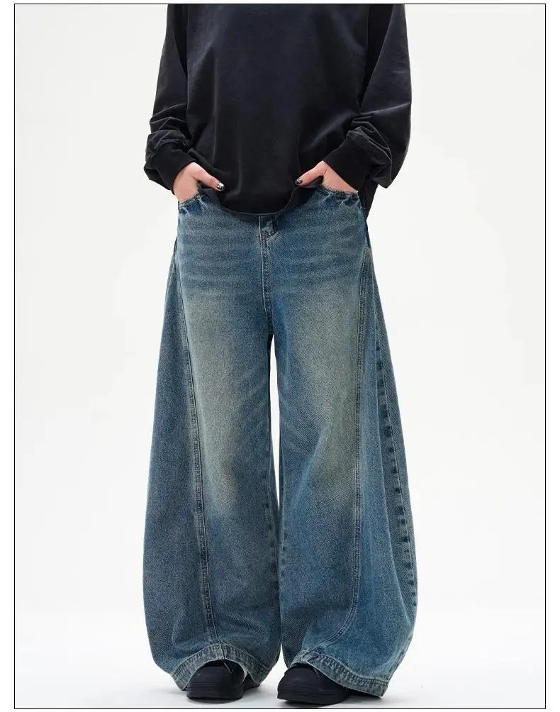 New Men's Jeans Vintage Washed Patchwork Lightning Cracked Jeans Oversized Baggy Wide Leg Denim Pants Streetwear Loose Trousers