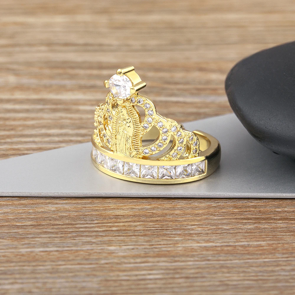 Nidin Classic Gold Plated Zircon Virgin Mary Crown Open Ring Religious Adjustable Luxury Top Quality Femme Party Accessories