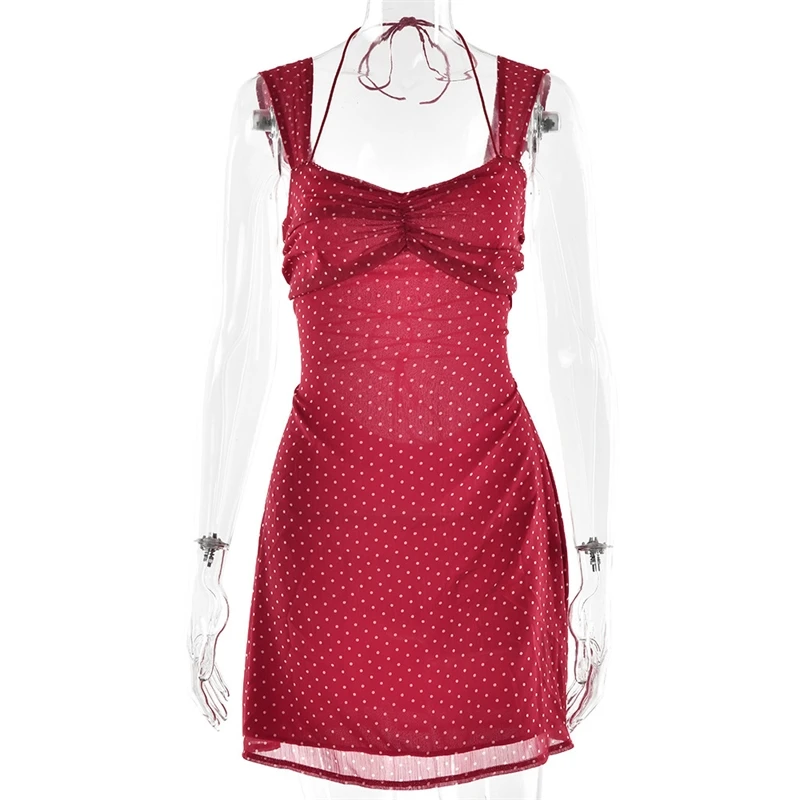 Absobe-minivestido sin mangas de malla con estampado de lunares para mujer, vestido corto ajustado Sexy con tirantes finos y espalda descubierta, ropa de fiesta