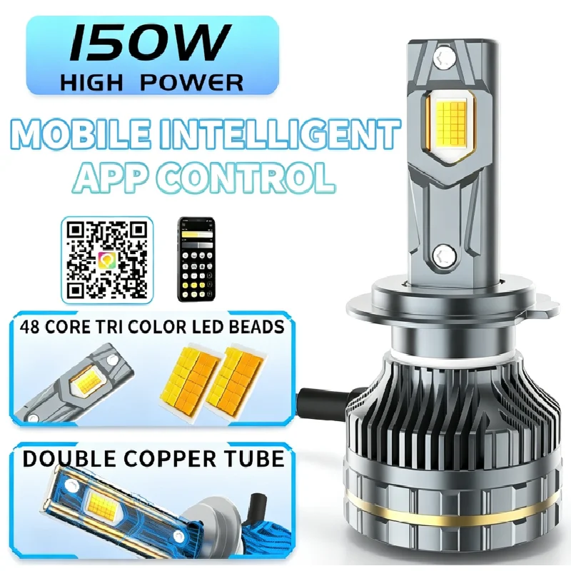 3 Colors APP Control H7 H11 Car Headlight Bulbs H4 Turbo Headlight H4 9005 HB3 9006 HB4 LED Car Lights 3000K 4300K 6000K 12V 24V