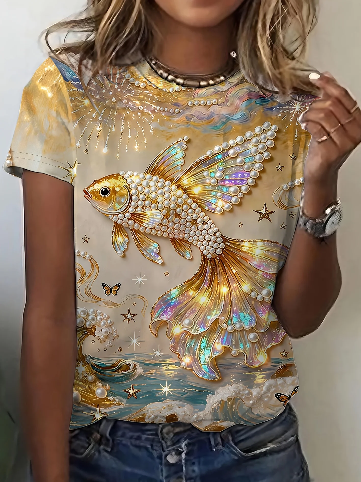 Women T‑shirt Short Sleeve Hand Drawn Mermaid Tails With Mermaid Letter Graphic Print O‑neck Casual Daily Summer Fashion Tee Top
